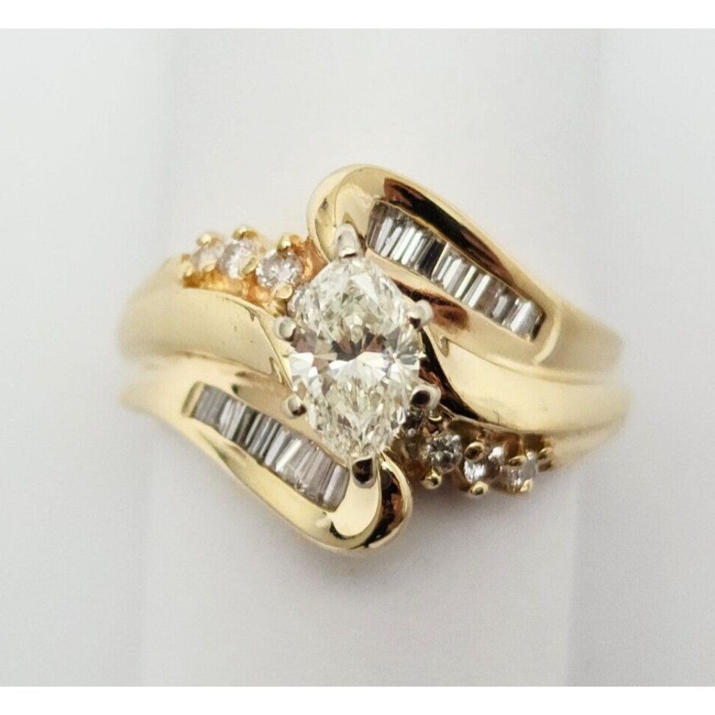 Unique 14k Solid Yellow Gold Designer Marquise Round  Baguette Diamond Ring